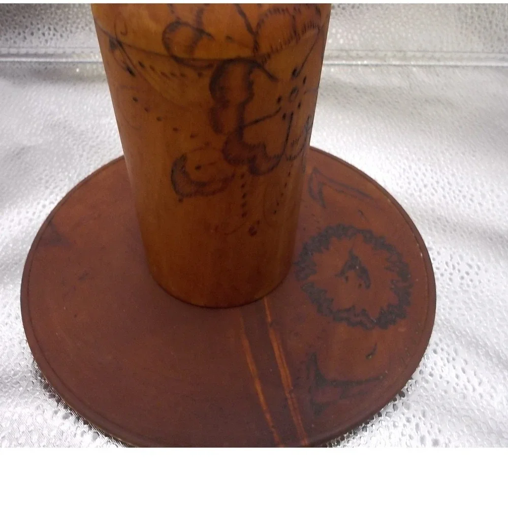 Vintage Hand Carved Wood Decanter Set 6 Cups Tray Floral Wood Burned Pyrography